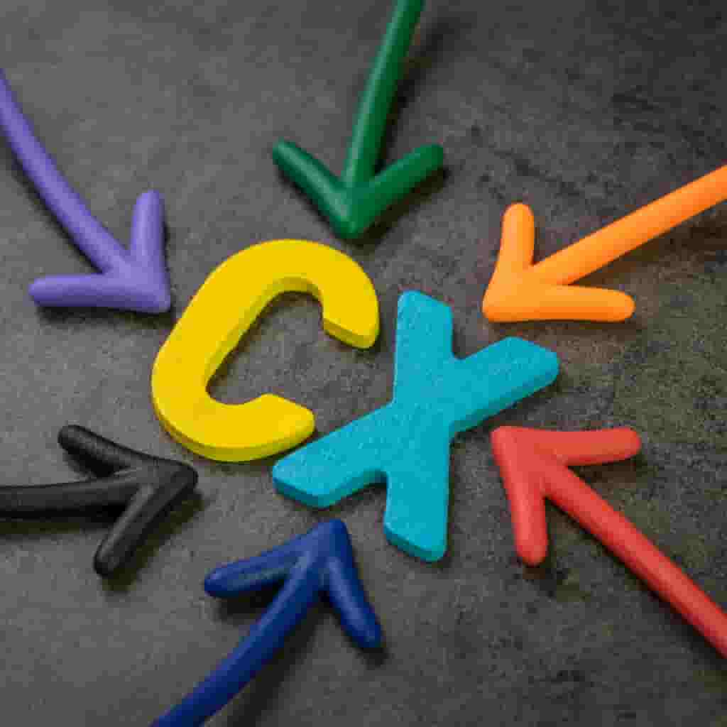 Színes nyilakkal körülvett CX felirat, amely a digitális ügyfélélmény és az üzleti döntéshozatal kapcsolatát szimbolizálja